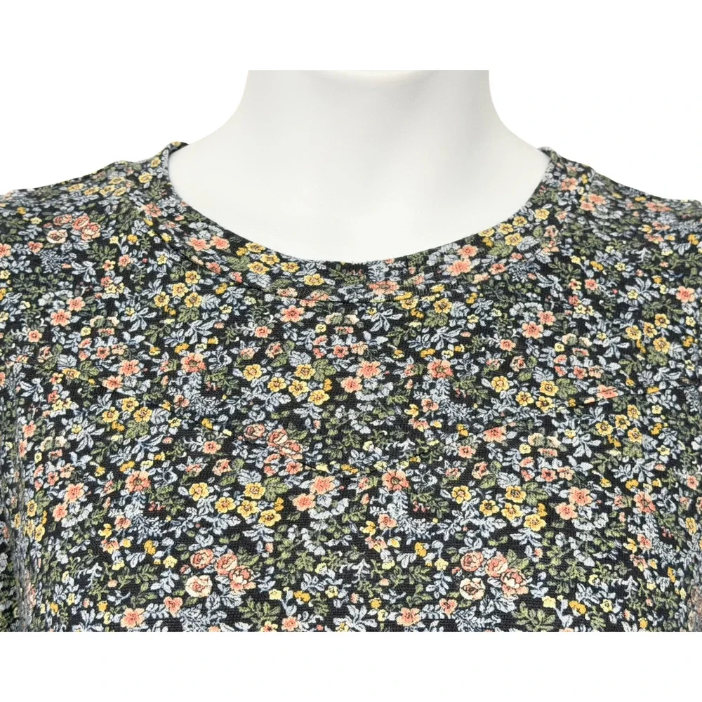 LOFT Sz M Cottage Floral Puff Sleeve Pullover Top Blue Knit Sweatshirt Romantic